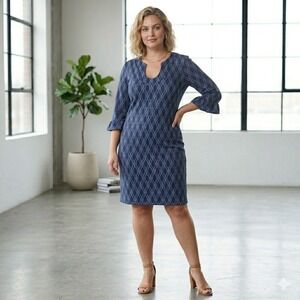 Katherine Way Shift Dress Womens Large Blue Geometric Ruffle 3/4 Sleeve